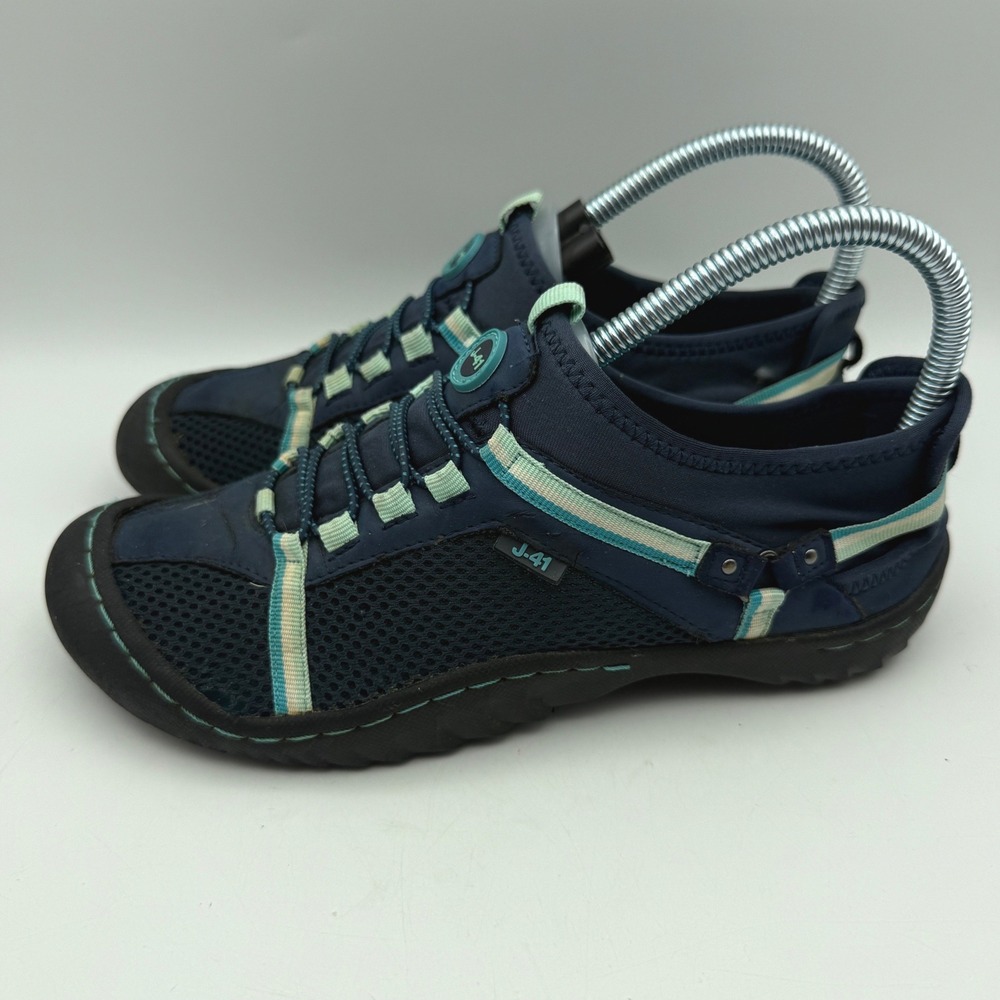 J-41 Adventure On Water Ready Shoes Womens 7W Navy Blue Vegan Mesh Bungee Sneak